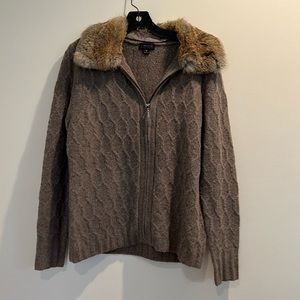 Wool and cashmere cable knit sweater with removable real rabbit fur collar